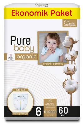 Pure Baby Organik Pamuklu Cırtlı Bez 6 Numara Xlarge 60 Adet