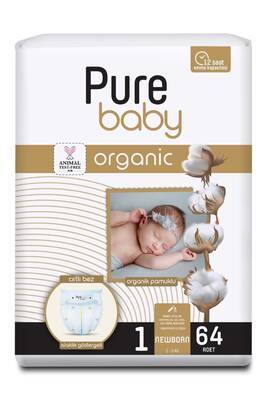 Pure Baby Organik Pamuklu Cırtlı Bez Tekli Paket 1 Numara Yenidogan 64 Adet