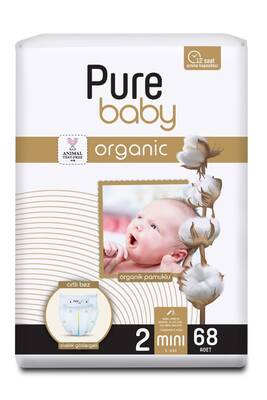 Pure Baby Organik Pamuklu Cırtlı Bez Tekli Paket 2 Numara Mini 68 Adet