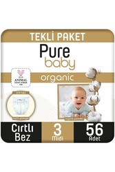 Pure Baby - Pure Baby Organik Pamuklu Cırtlı Bez Tekli Paket 3 Numara Midi 56 Adet