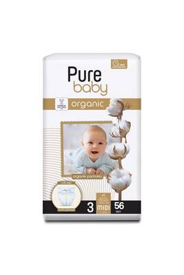 Pure Baby Organik Pamuklu Cırtlı Bez Tekli Paket 3 Numara Midi 56 Adet